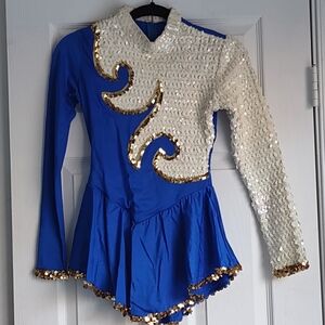 Small Ladies Blue & White Sequin Figure Skating Dress with Gold Trim
